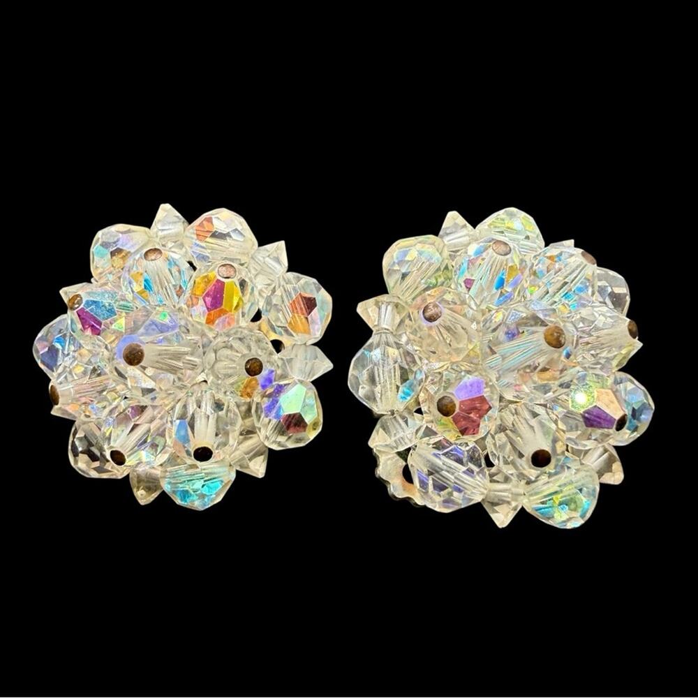 Vintage Laguna Crystal Aurora Borealis Cluster Clip-On Earrings